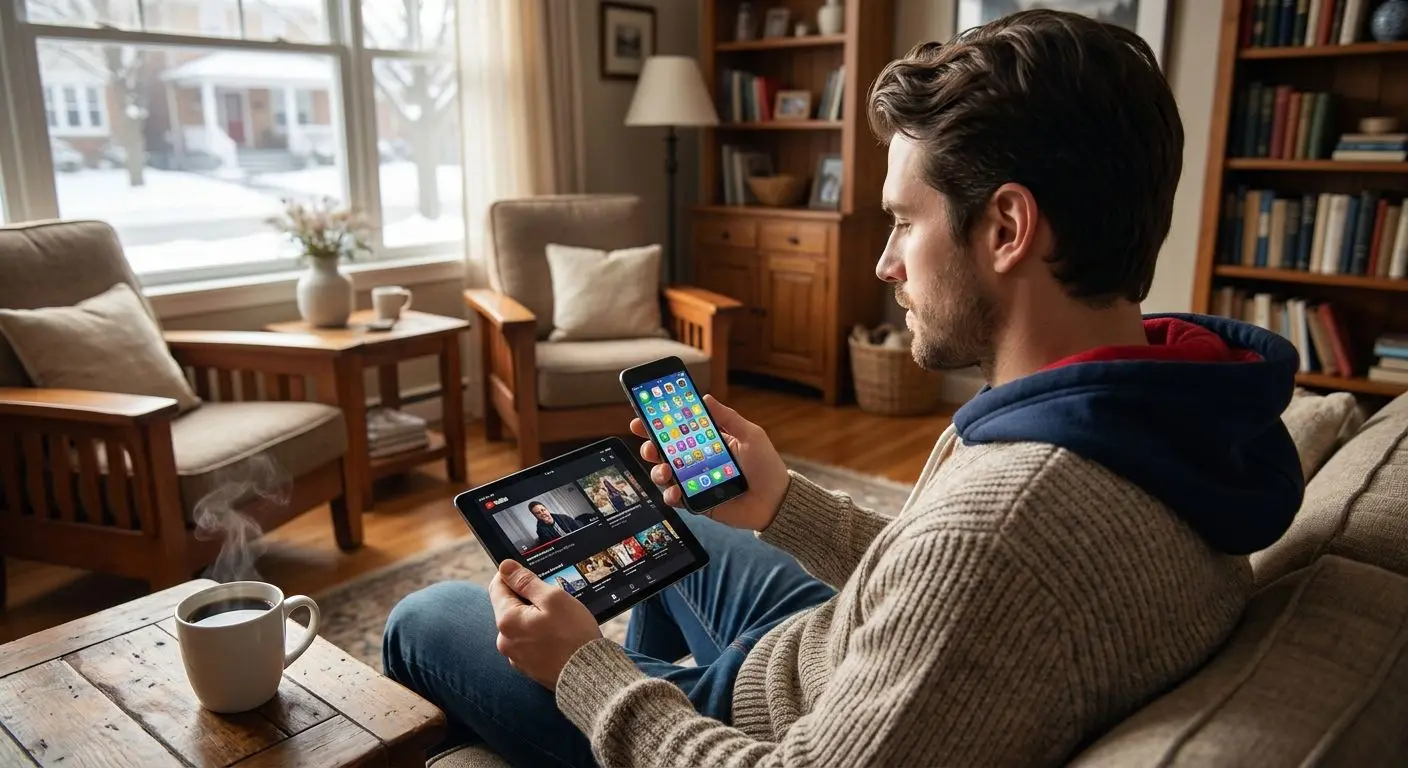 Mobile play experience for Canadian users Player using smartphone with mobile gaming interface in a cozy Canadian home
